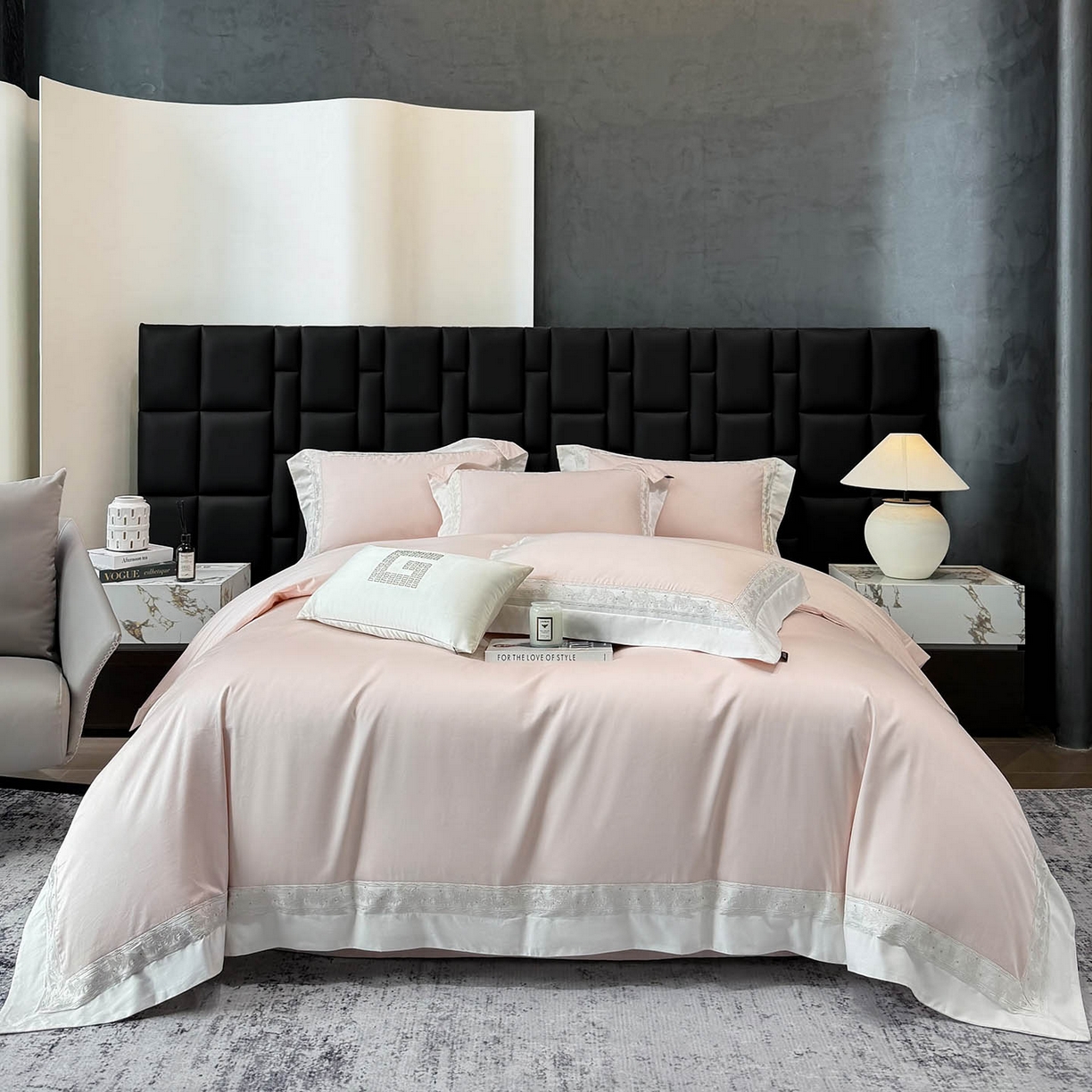 91家纺网 家纺一手货源 找家纺 2026新款A类贡缎长绒棉纯棉刺绣四件套-兰芙 兰芙-柔雪粉