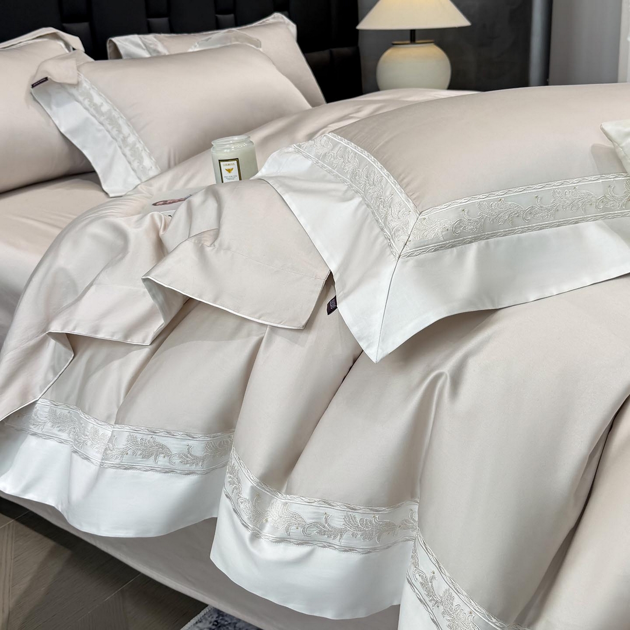 91家纺网 家纺一手货源 找家纺 2026新款A类贡缎长绒棉纯棉刺绣四件套-兰芙 兰芙-兰亭灰