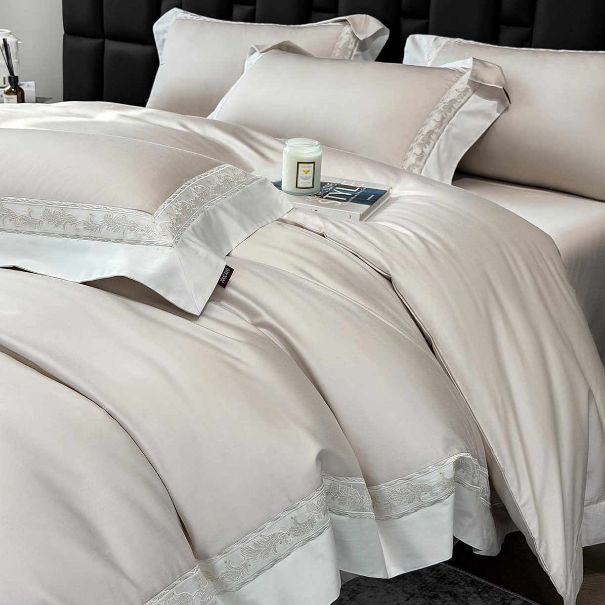 91家纺网 家纺一手货源 找家纺 2026新款A类贡缎长绒棉纯棉刺绣四件套-兰芙 兰芙-兰亭灰