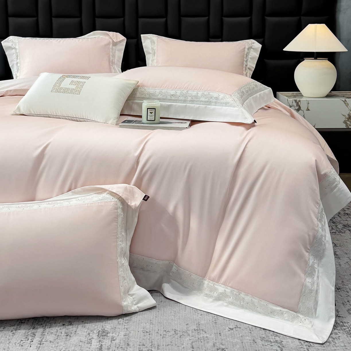 91家纺网 家纺一手货源 找家纺 2026新款A类贡缎长绒棉纯棉刺绣四件套-兰芙 兰芙-柔雪粉