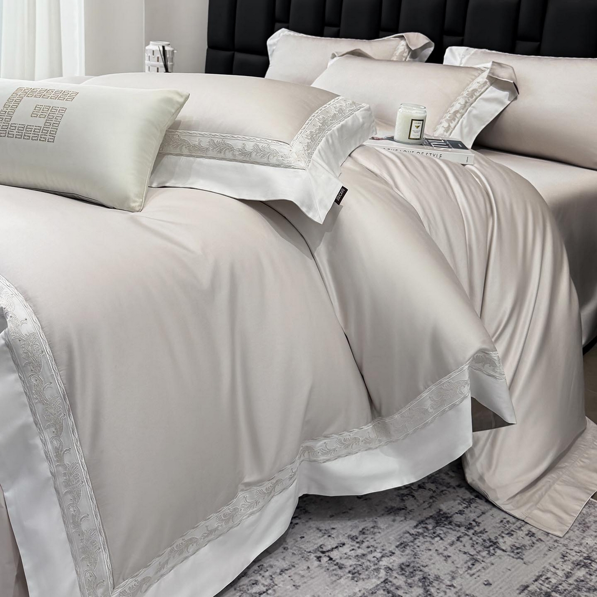 91家纺网 家纺一手货源 找家纺 2026新款A类贡缎长绒棉纯棉刺绣四件套-兰芙 兰芙-兰亭灰