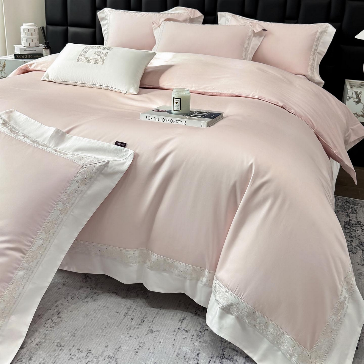 91家纺网 家纺一手货源 找家纺 2026新款A类贡缎长绒棉纯棉刺绣四件套-兰芙 兰芙-柔雪粉