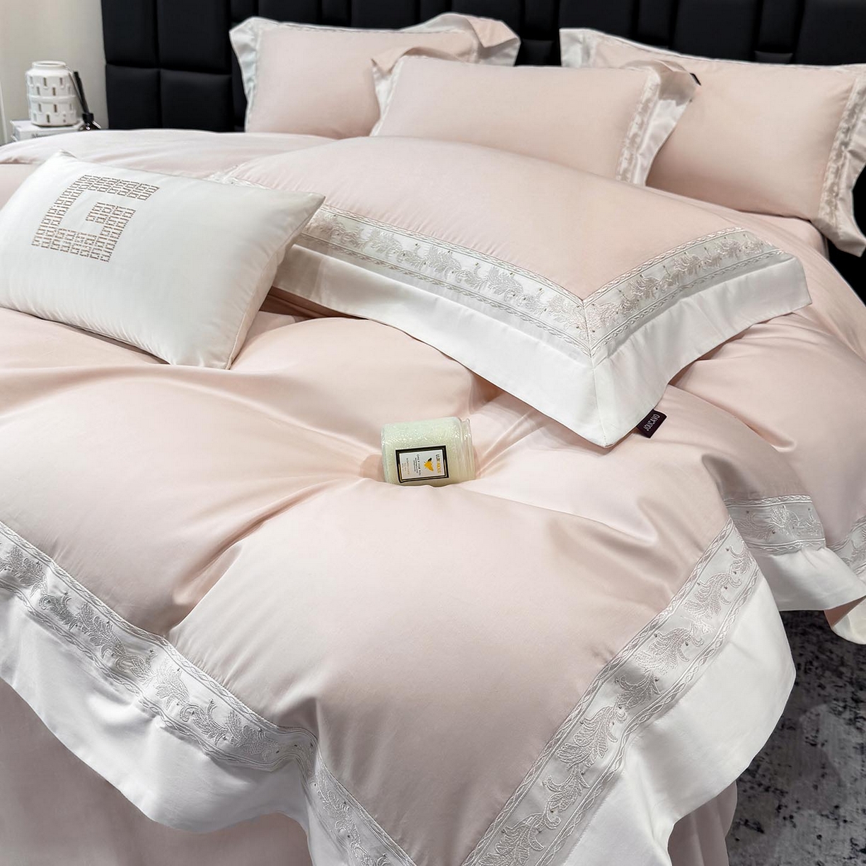 2026新款A类贡缎长绒棉纯棉刺绣四件套-兰芙 兰芙-柔雪粉