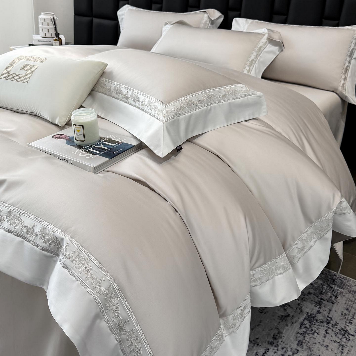 91家纺网 家纺一手货源 找家纺 2026新款A类贡缎长绒棉纯棉刺绣四件套-兰芙 兰芙-兰亭灰