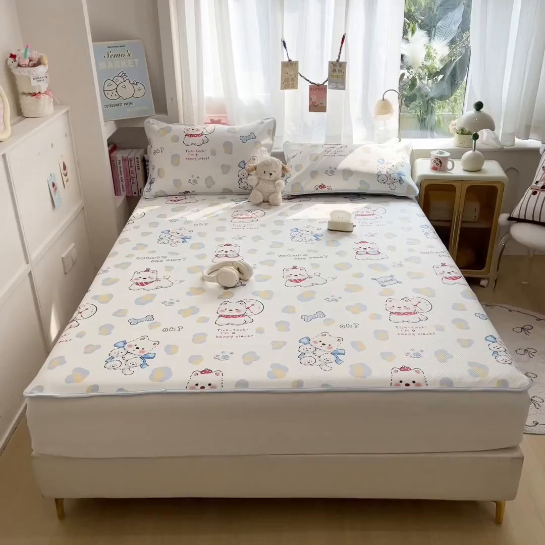 91家纺网 家纺一手货源 找家纺 莱米家纺 2026新款斜纹凉感床笠冰豆豆系列 泡芙小狗