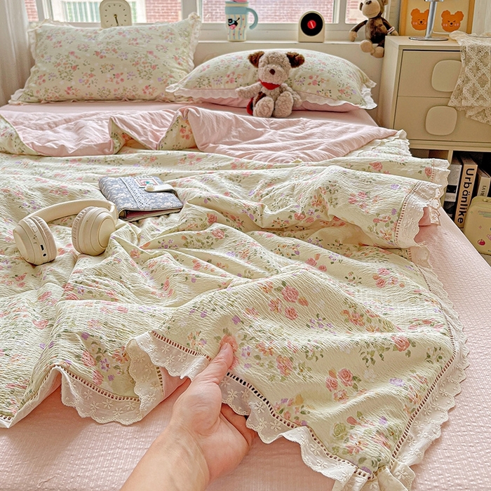 91家纺网 家纺一手货源 找家纺 （总）梦纤绒 2026新款云感皱皱纱花边款夏被夏凉被空调被四件套