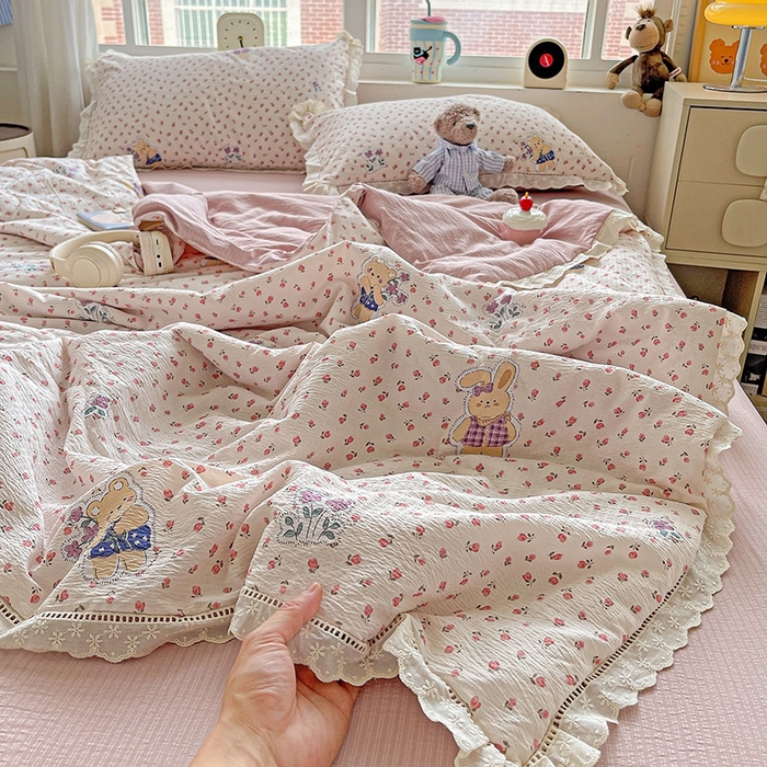 91家纺网 家纺一手货源 找家纺 （总）梦纤绒 2026新款云感皱皱纱花边款夏被夏凉被空调被四件套