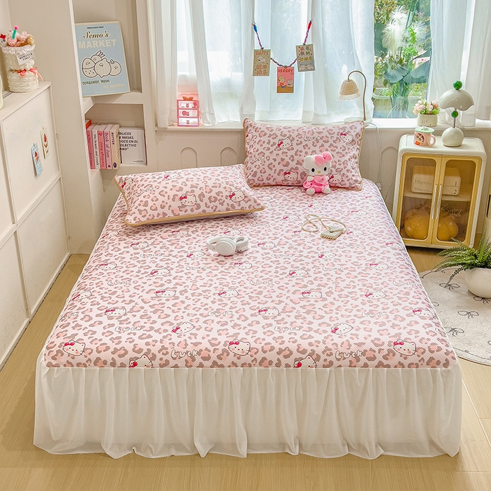 91家纺网 家纺一手货源 找家纺 莱米家纺 2026新款斜纹凉感床裙冰豆豆系列 豹纹小猫