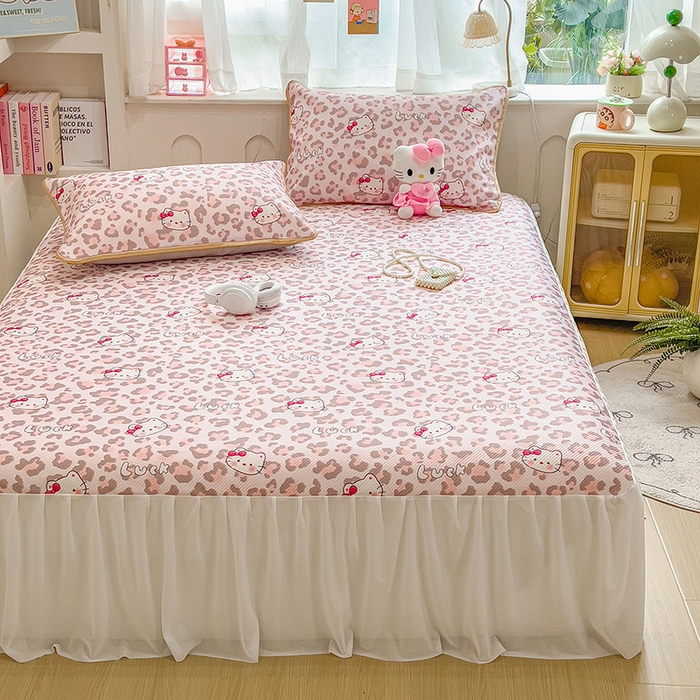 91家纺网 家纺一手货源 找家纺 莱米家纺 2026新款斜纹凉感床裙冰豆豆系列 豹纹小猫