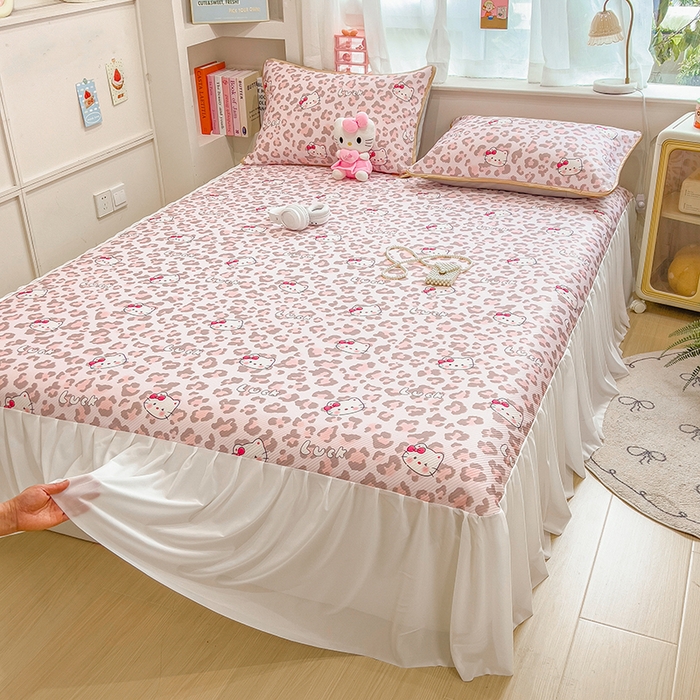 91家纺网 家纺一手货源 找家纺 莱米家纺 2026新款斜纹凉感床裙冰豆豆系列 豹纹小猫