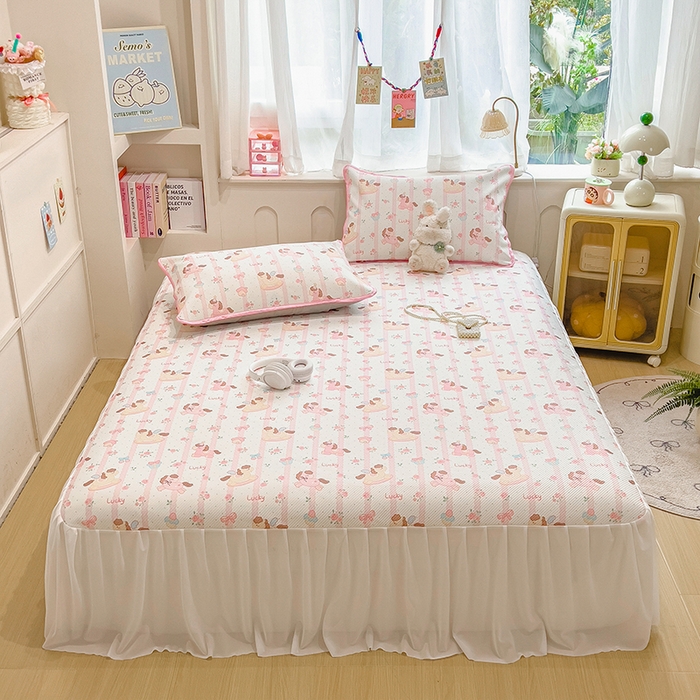 91家纺网 家纺一手货源 找家纺 莱米家纺 2026新款斜纹凉感床裙冰豆豆系列 彩色木马