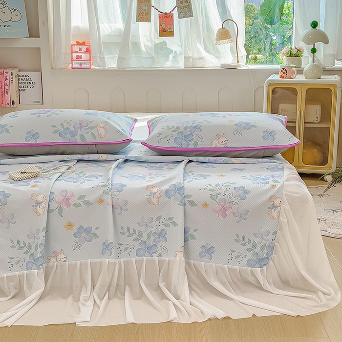 91家纺网 家纺一手货源 找家纺 莱米家纺 2026新款斜纹凉感床裙冰豆豆系列 兰花小兔