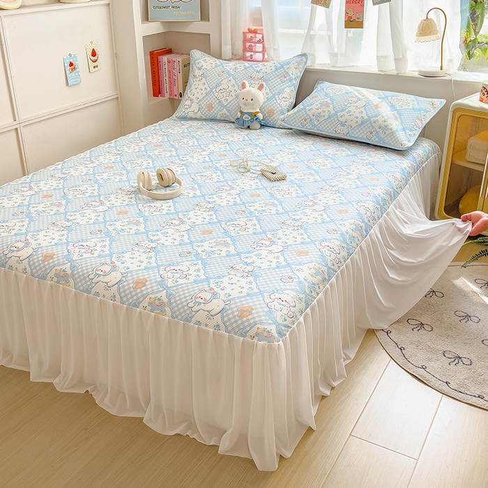 91家纺网 家纺一手货源 找家纺 莱米家纺 2026新款斜纹凉感床裙冰豆豆系列 蓝格小狗