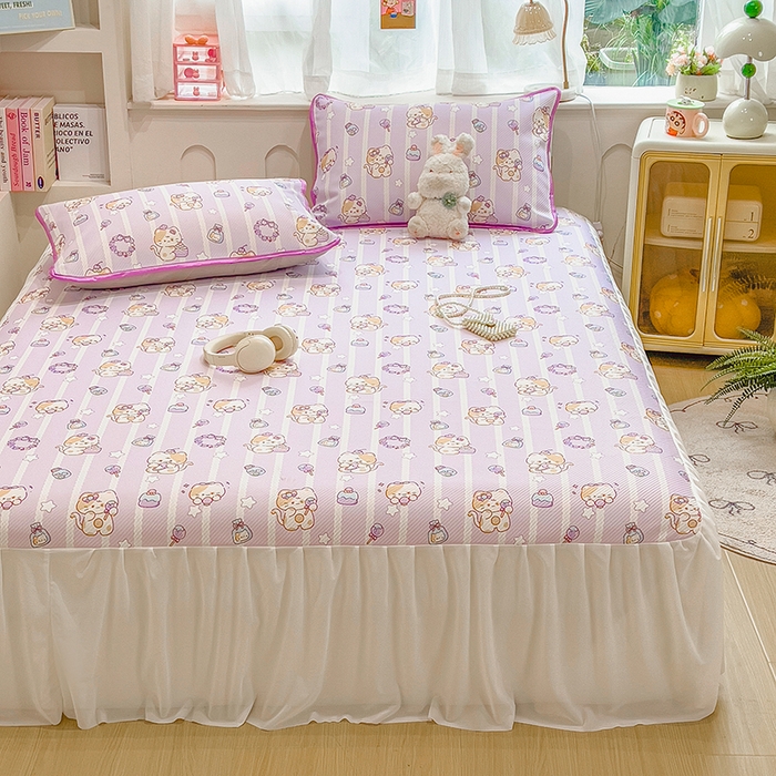 91家纺网 家纺一手货源 找家纺 莱米家纺 2026新款斜纹凉感床裙冰豆豆系列 猫猫宴会