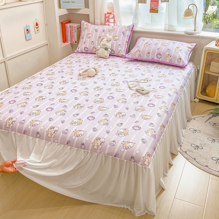 91家纺网 家纺一手货源 找家纺 莱米家纺 2026新款斜纹凉感床裙冰豆豆系列 猫猫宴会