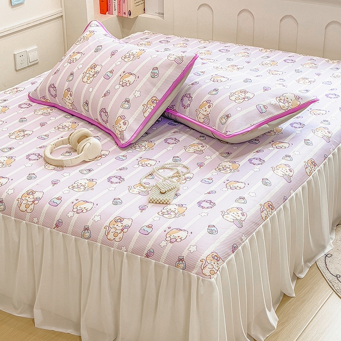 91家纺网 家纺一手货源 找家纺 莱米家纺 2026新款斜纹凉感床裙冰豆豆系列 猫猫宴会