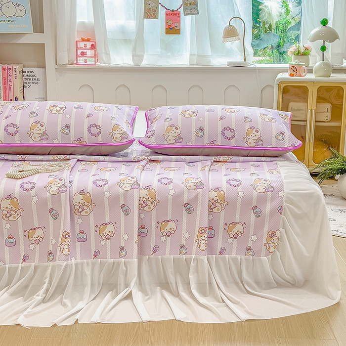 91家纺网 家纺一手货源 找家纺 莱米家纺 2026新款斜纹凉感床裙冰豆豆系列 猫猫宴会