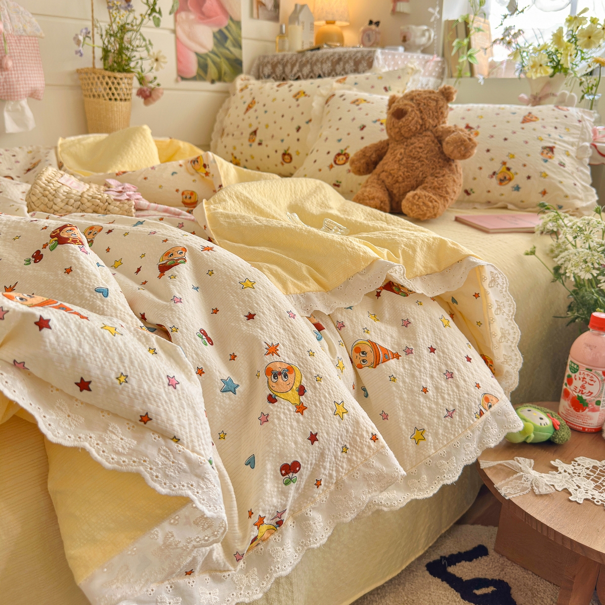 91家纺网 家纺一手货源 找家纺 初念 2026新款泡芙纱全花边夏被四件套 花笺-旧街星星