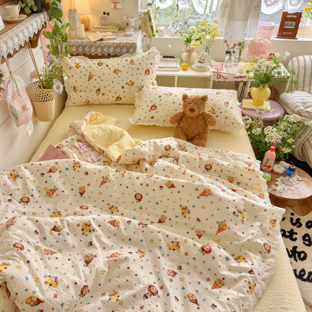 91家纺网 家纺一手货源 找家纺 初念 2026新款泡芙纱全花边夏被四件套 花笺-旧街星星