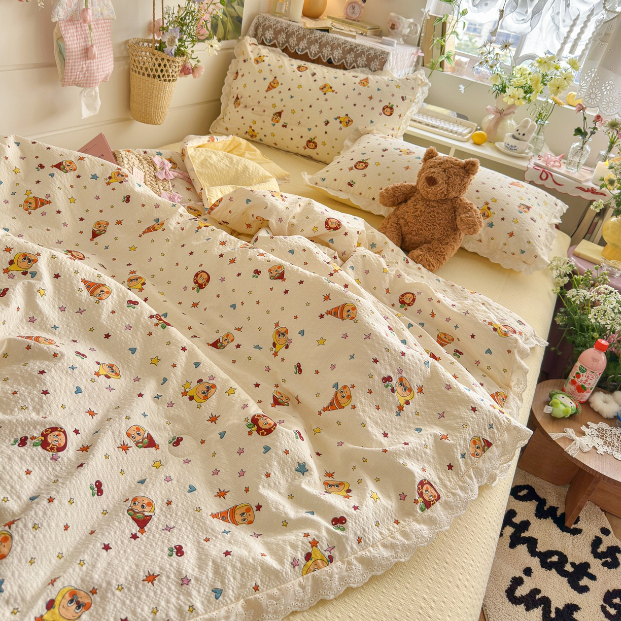 91家纺网 家纺一手货源 找家纺 初念 2026新款泡芙纱全花边夏被四件套 花笺-旧街星星