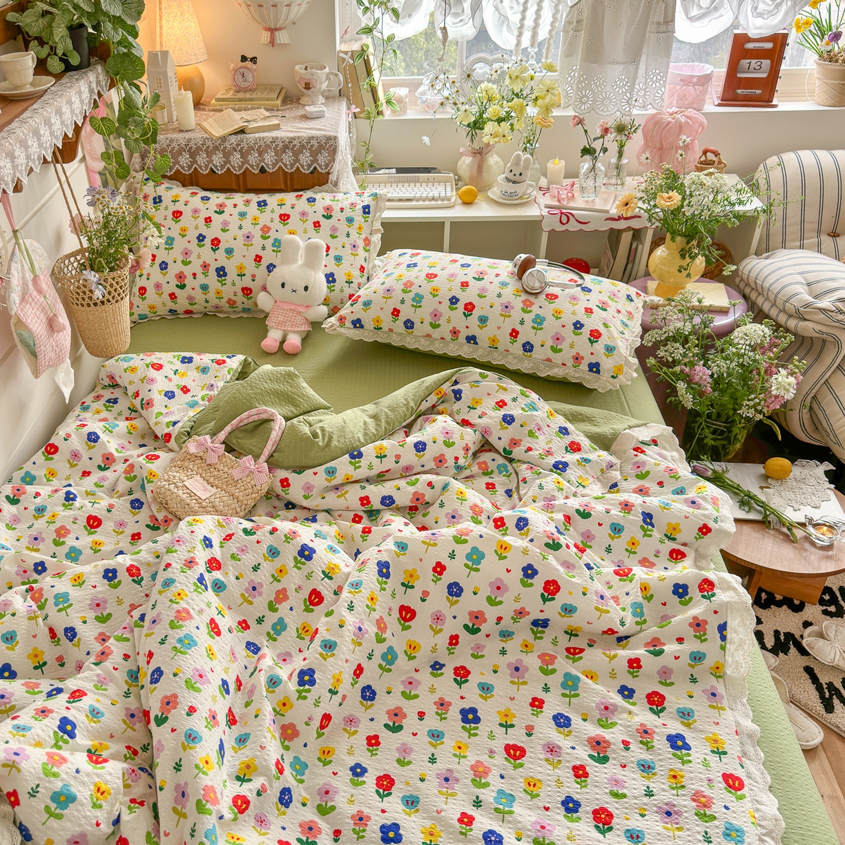 91家纺网 家纺一手货源 找家纺 初念 2026新款泡芙纱全花边夏被四件套 花笺-彩色花园