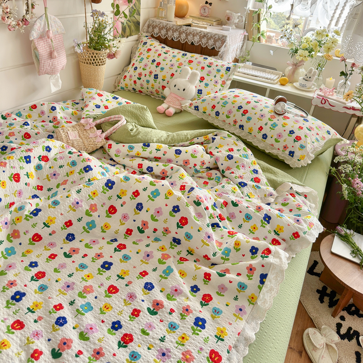 91家纺网 家纺一手货源 找家纺 初念 2026新款泡芙纱全花边夏被四件套 花笺-彩色花园