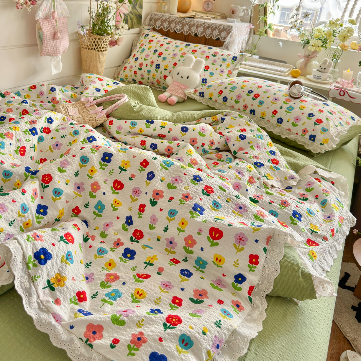 91家纺网 家纺一手货源 找家纺 初念 2026新款泡芙纱全花边夏被四件套 花笺-彩色花园