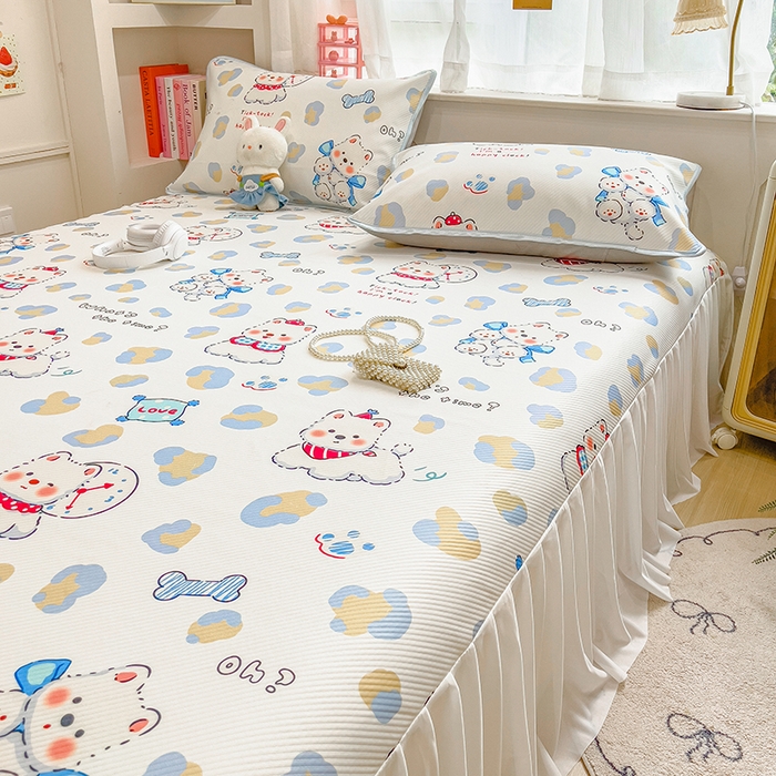 91家纺网 家纺一手货源 找家纺 莱米家纺 2026新款斜纹凉感床裙冰豆豆系列 泡芙小狗