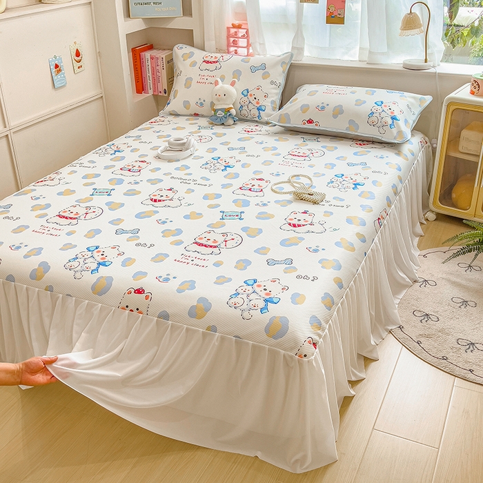 91家纺网 家纺一手货源 找家纺 莱米家纺 2026新款斜纹凉感床裙冰豆豆系列 泡芙小狗