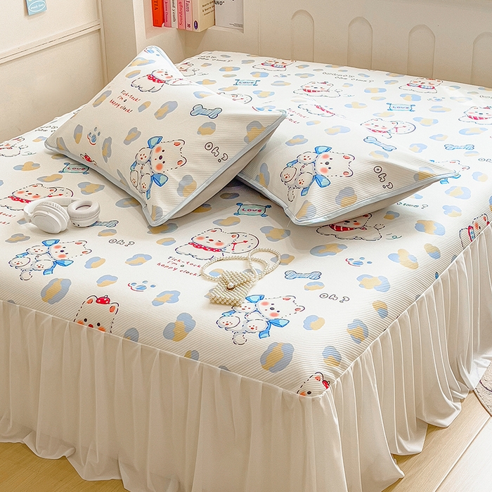 91家纺网 家纺一手货源 找家纺 莱米家纺 2026新款斜纹凉感床裙冰豆豆系列 泡芙小狗