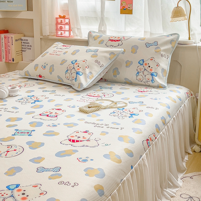 91家纺网 家纺一手货源 找家纺 莱米家纺 2026新款斜纹凉感床裙冰豆豆系列 泡芙小狗