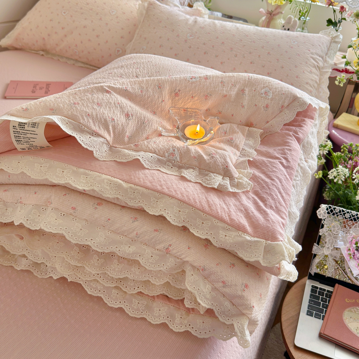 初念 2026新款泡芙纱全花边夏被四件套 花笺-春日甜桃心