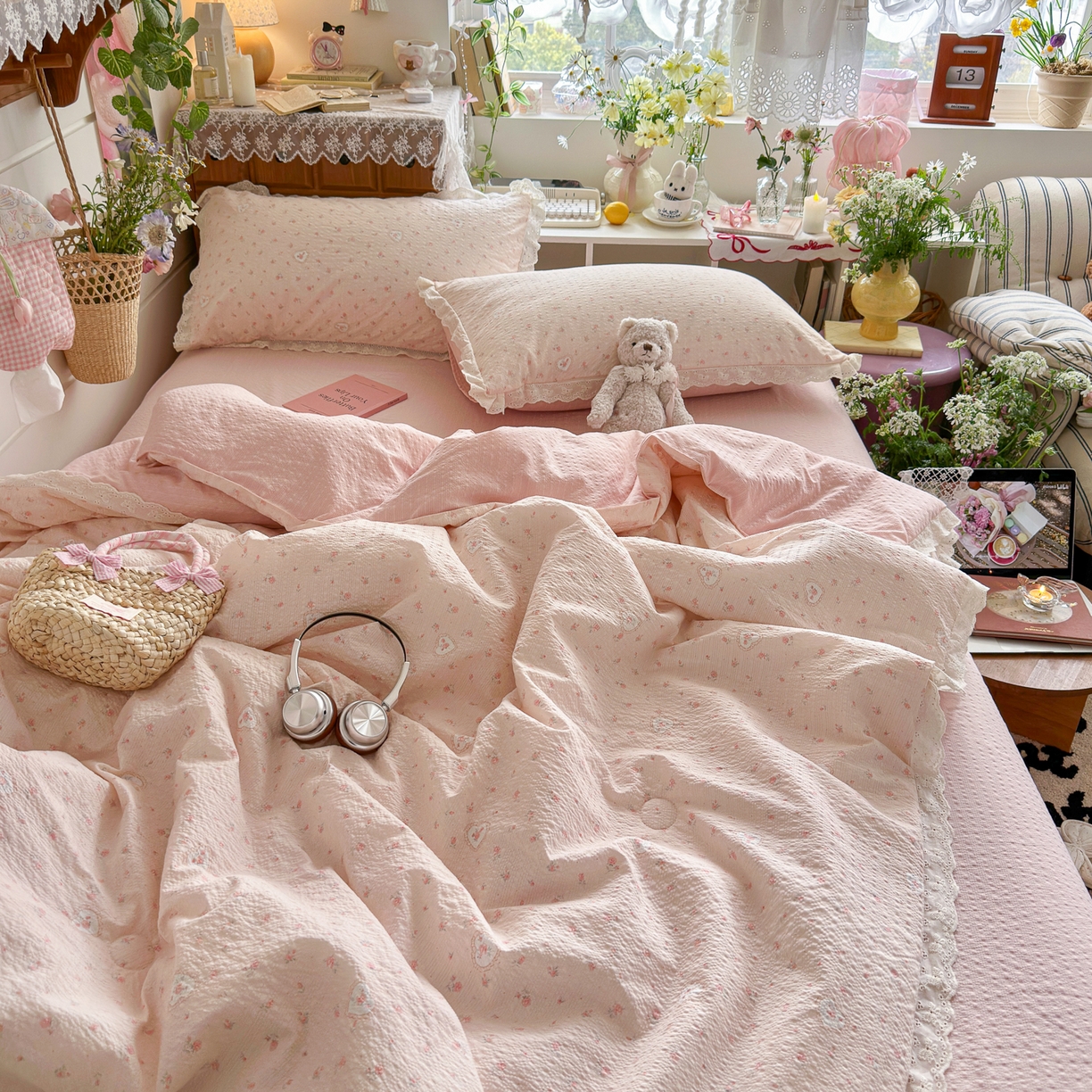 91家纺网 家纺一手货源 找家纺 初念 2026新款泡芙纱全花边夏被四件套 花笺-春日甜桃心