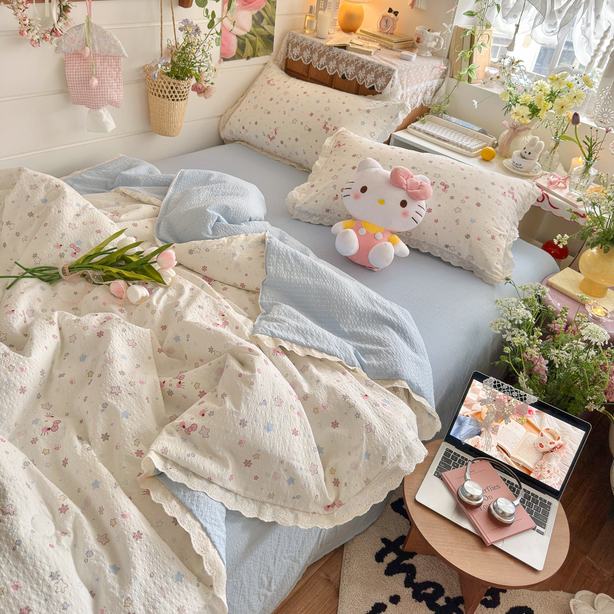 91家纺网 家纺一手货源 找家纺 初念 2026新款泡芙纱全花边夏被四件套 花笺-躲猫猫