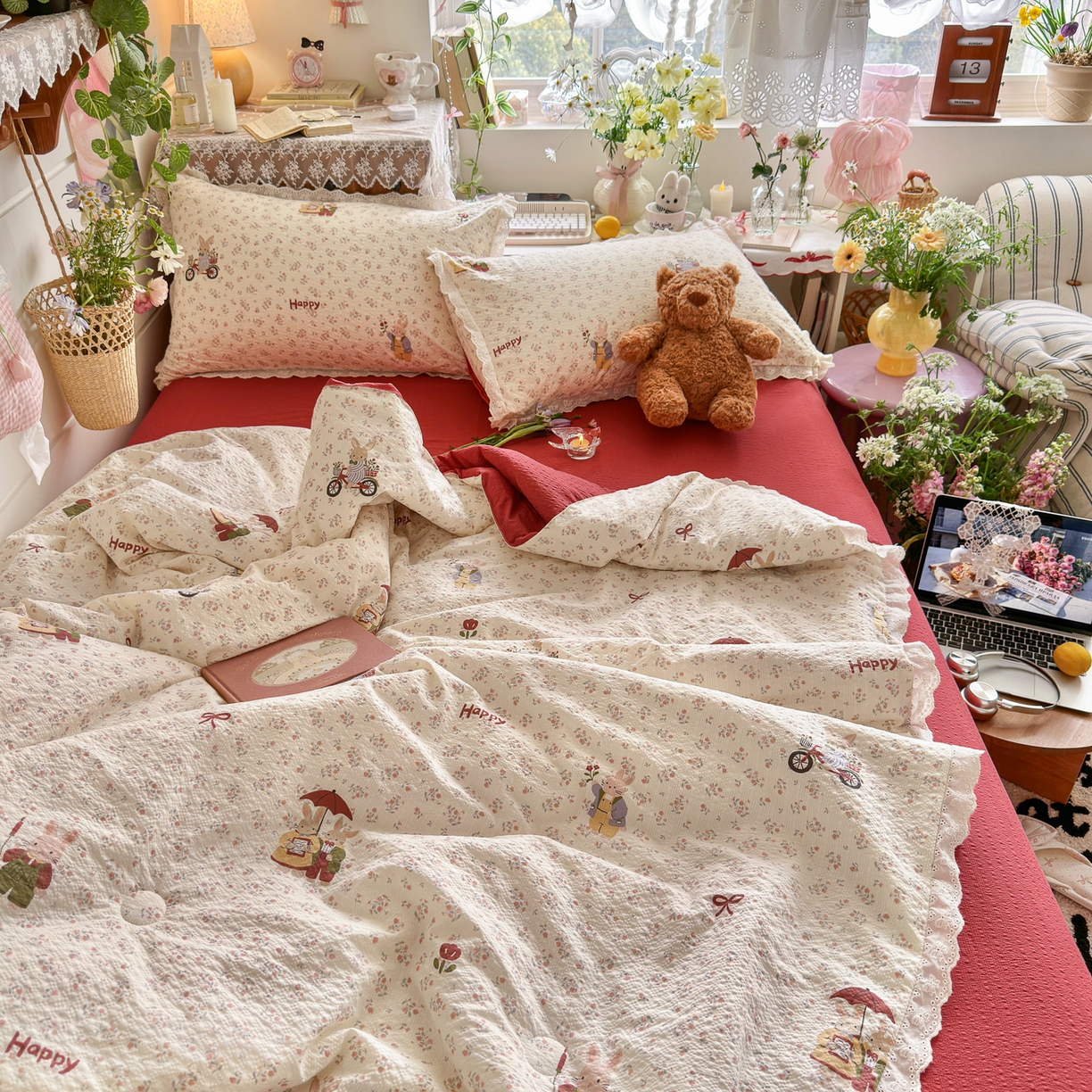 91家纺网 家纺一手货源 找家纺 初念 2026新款泡芙纱全花边夏被四件套 花笺-躲雨小兔