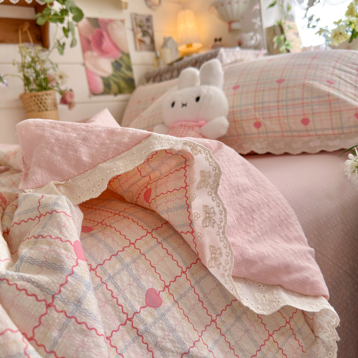 91家纺网 家纺一手货源 找家纺 初念 2026新款泡芙纱全花边夏被四件套 花笺-格格心