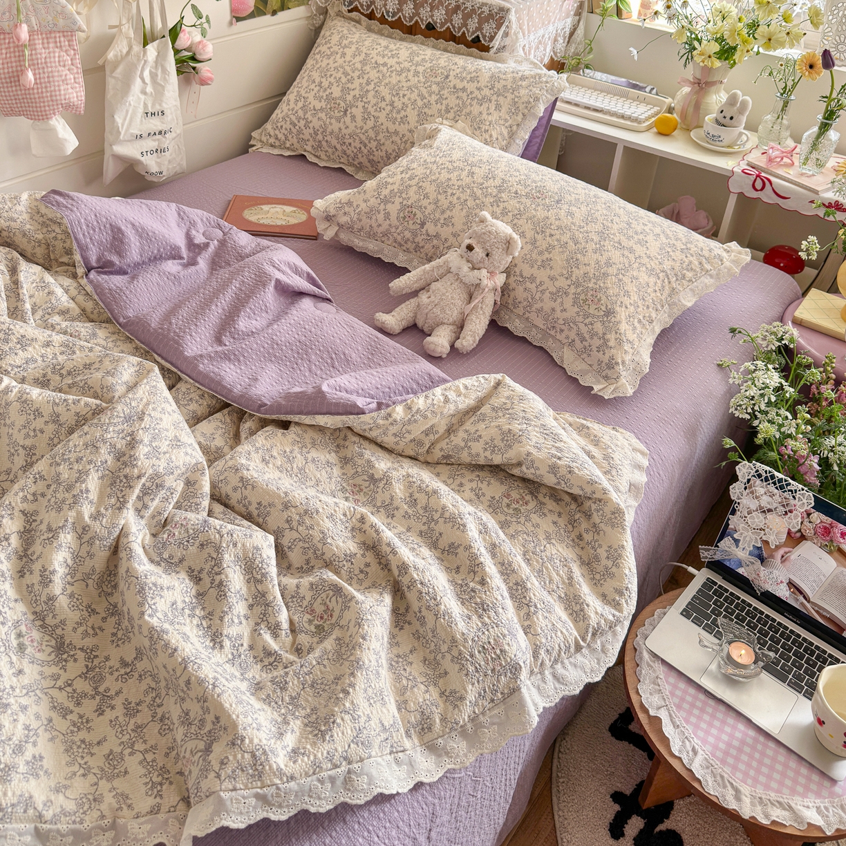 91家纺网 家纺一手货源 找家纺 初念 2026新款泡芙纱全花边夏被四件套 花笺-蕾丝花匣