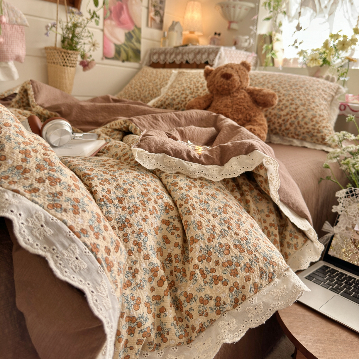 91家纺网 家纺一手货源 找家纺 初念 2026新款泡芙纱全花边夏被四件套 花笺-暖橘枝