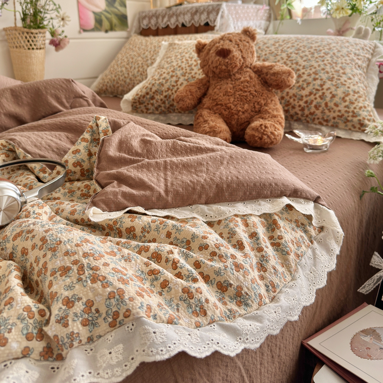 91家纺网 家纺一手货源 找家纺 初念 2026新款泡芙纱全花边夏被四件套 花笺-暖橘枝