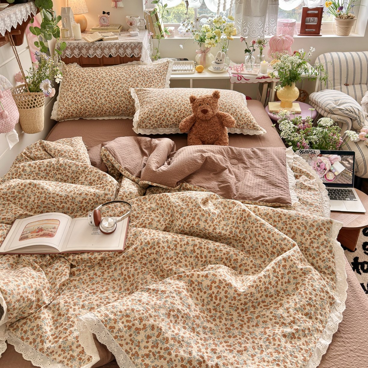 91家纺网 家纺一手货源 找家纺 初念 2026新款泡芙纱全花边夏被四件套 花笺-暖橘枝