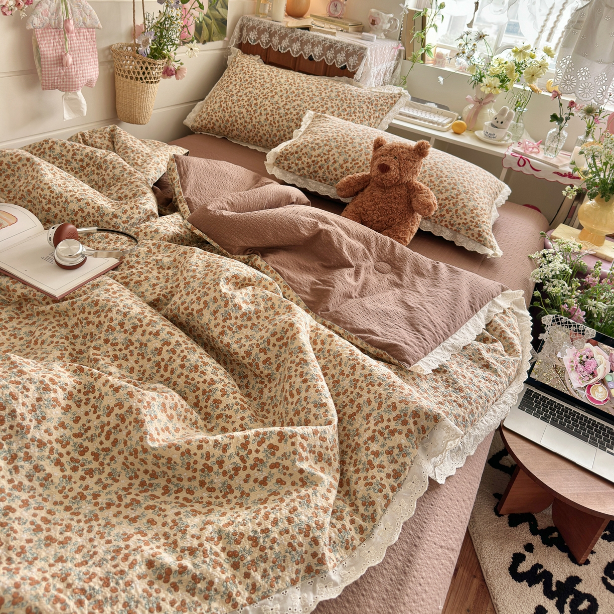 91家纺网 家纺一手货源 找家纺 初念 2026新款泡芙纱全花边夏被四件套 花笺-暖橘枝