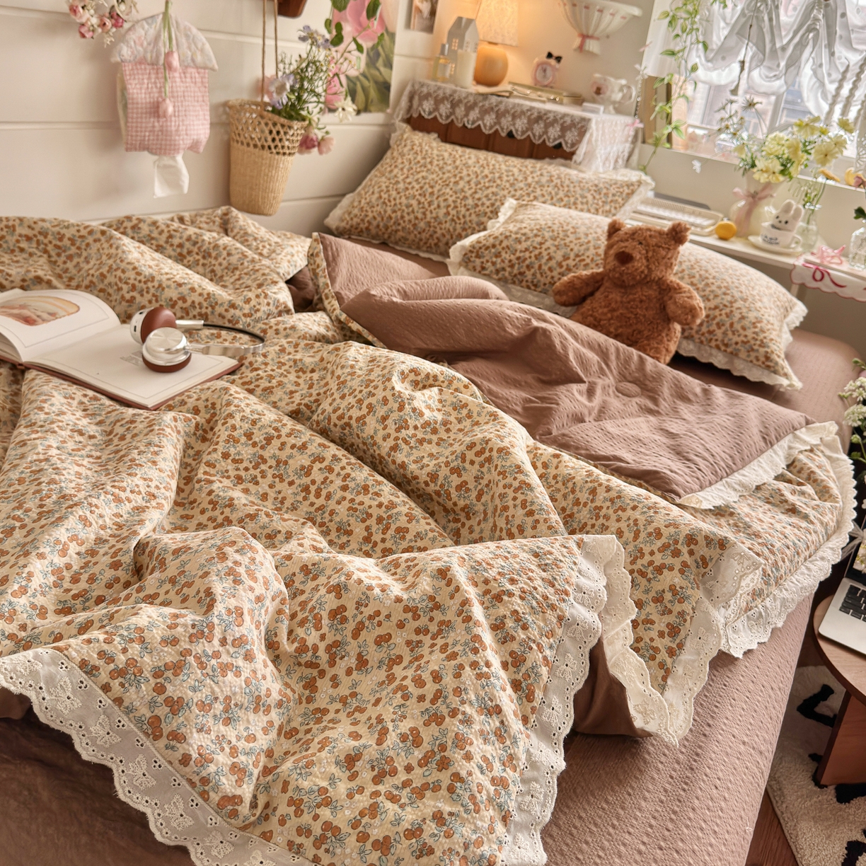 91家纺网 家纺一手货源 找家纺 初念 2026新款泡芙纱全花边夏被四件套 花笺-暖橘枝