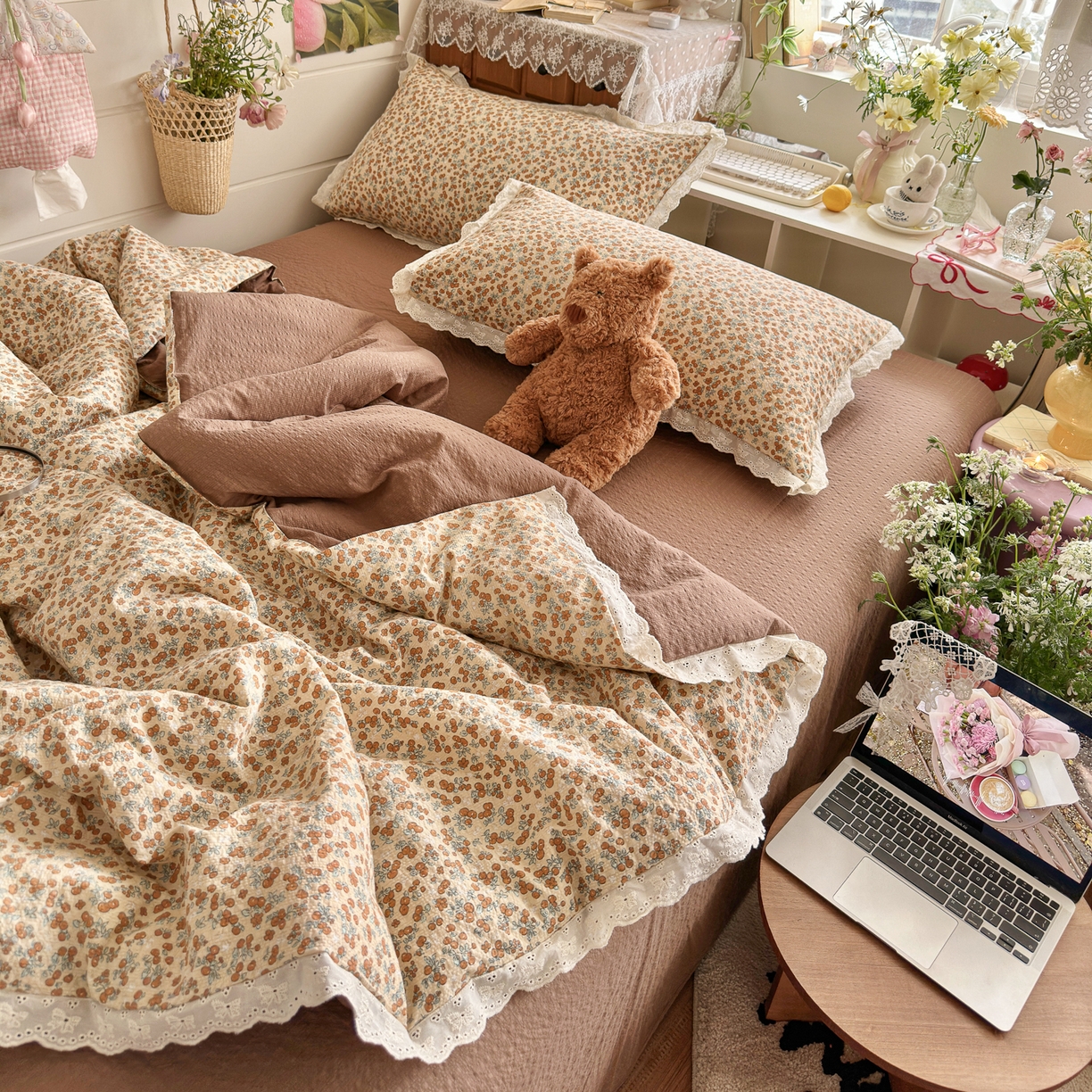 91家纺网 家纺一手货源 找家纺 初念 2026新款泡芙纱全花边夏被四件套 花笺-暖橘枝