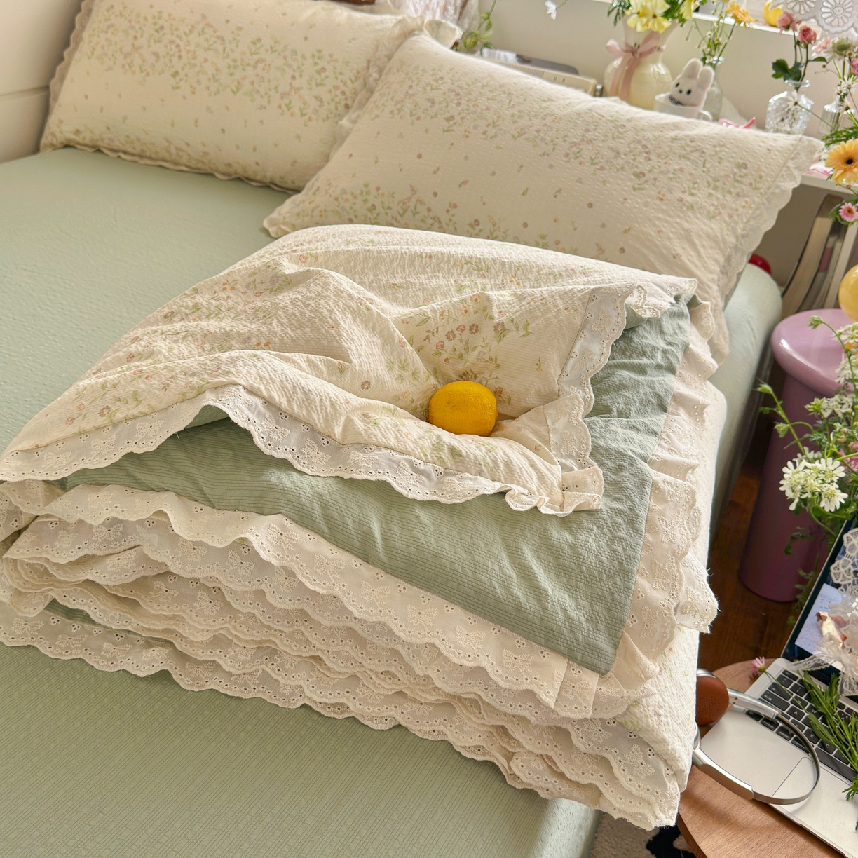 初念 2026新款泡芙纱全花边夏被四件套 花笺-浅夏花信