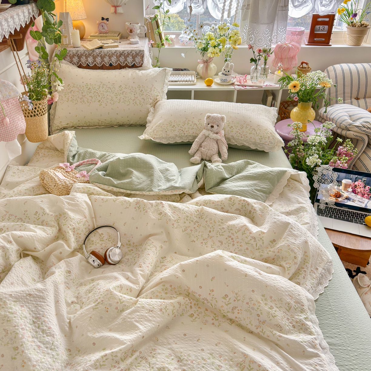 91家纺网 家纺一手货源 找家纺 初念 2026新款泡芙纱全花边夏被四件套 花笺-浅夏花信