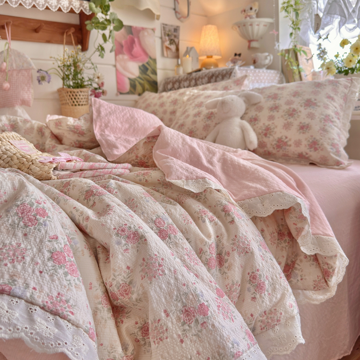 91家纺网 家纺一手货源 找家纺 初念 2026新款泡芙纱全花边夏被四件套 花笺-日光漫游