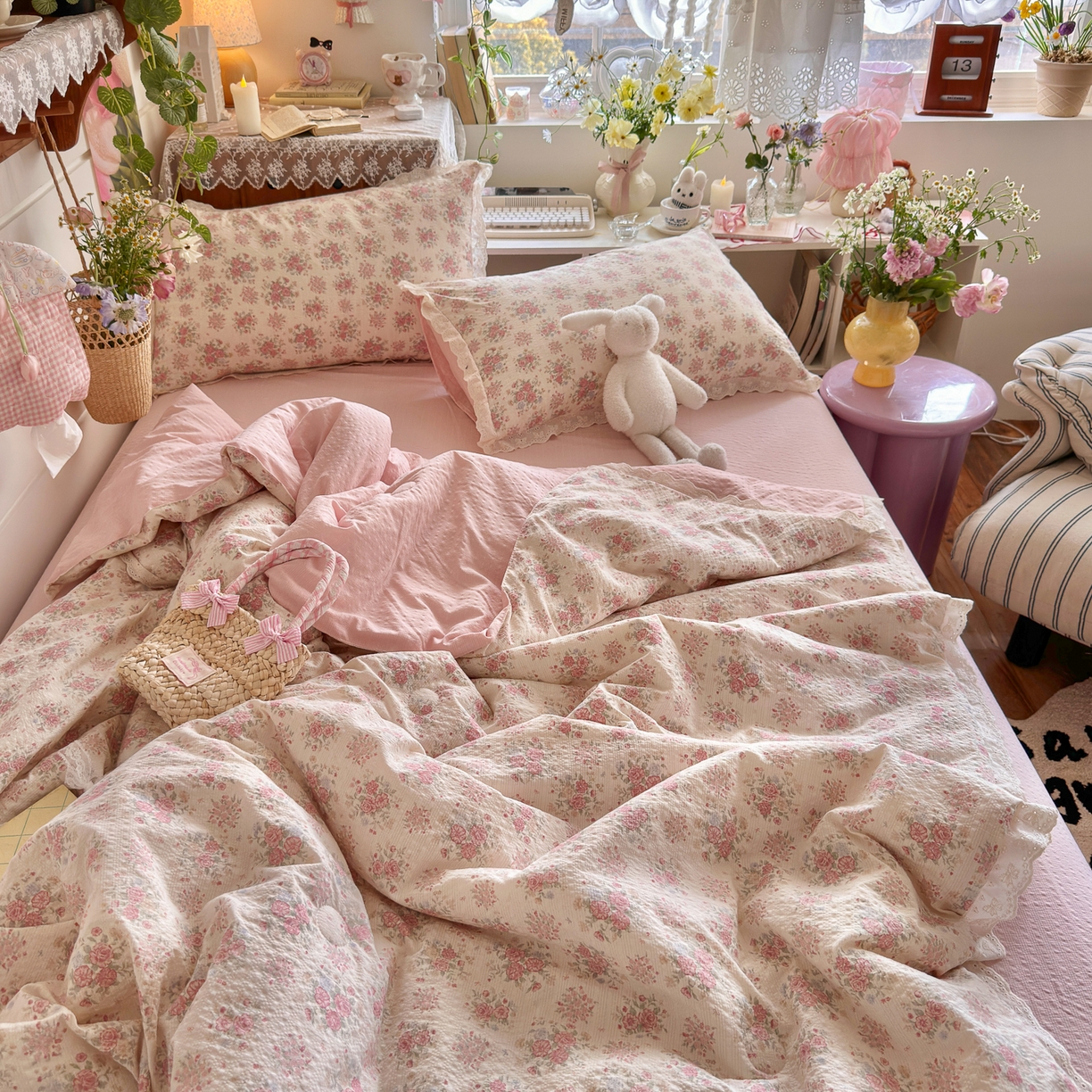 91家纺网 家纺一手货源 找家纺 初念 2026新款泡芙纱全花边夏被四件套 花笺-日光漫游