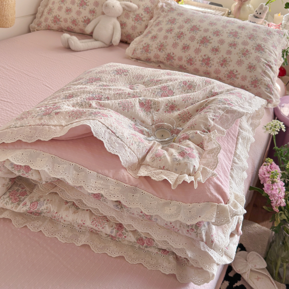 初念 2026新款泡芙纱全花边夏被四件套 花笺-日光漫游