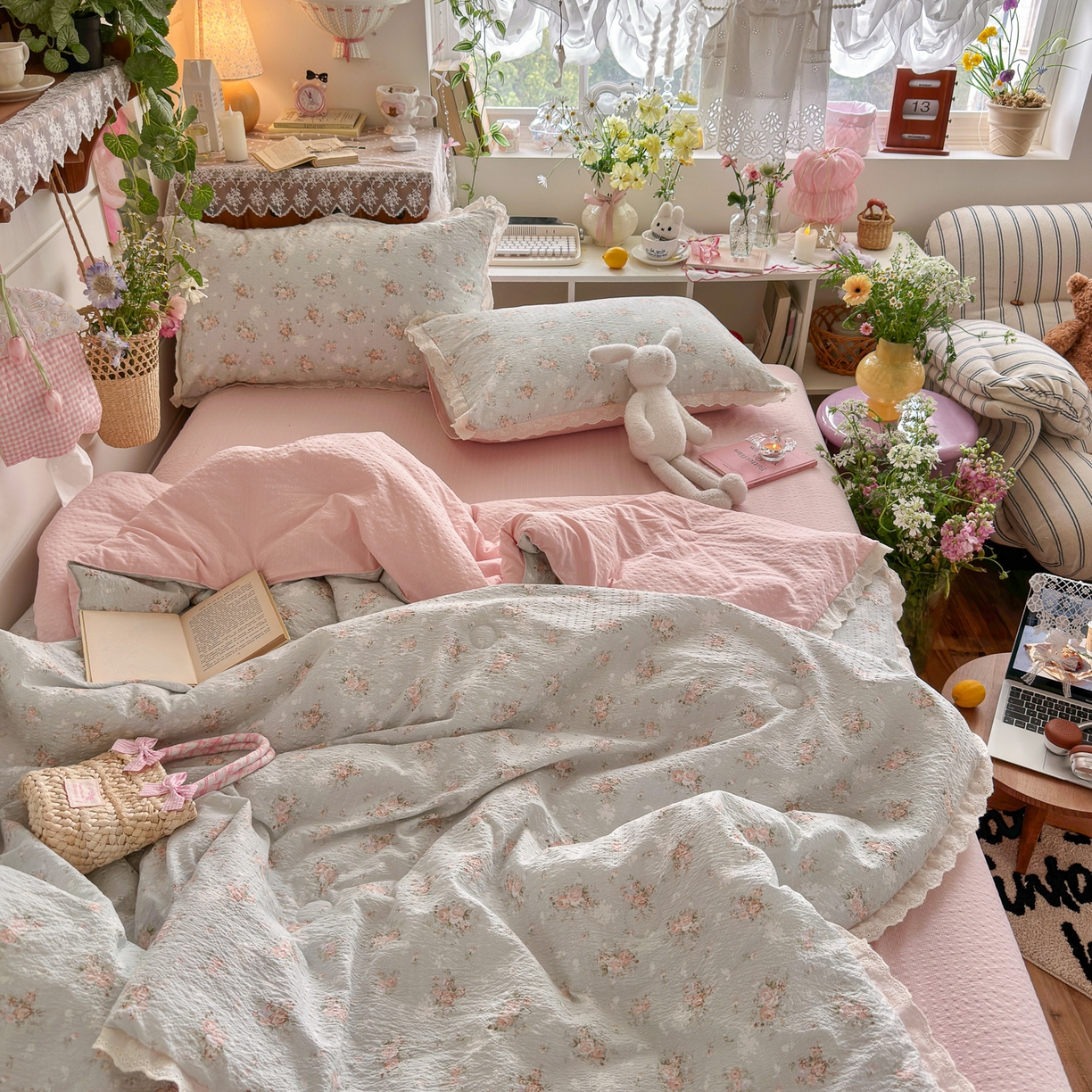 91家纺网 家纺一手货源 找家纺 初念 2026新款泡芙纱全花边夏被四件套 花笺-柔诗意