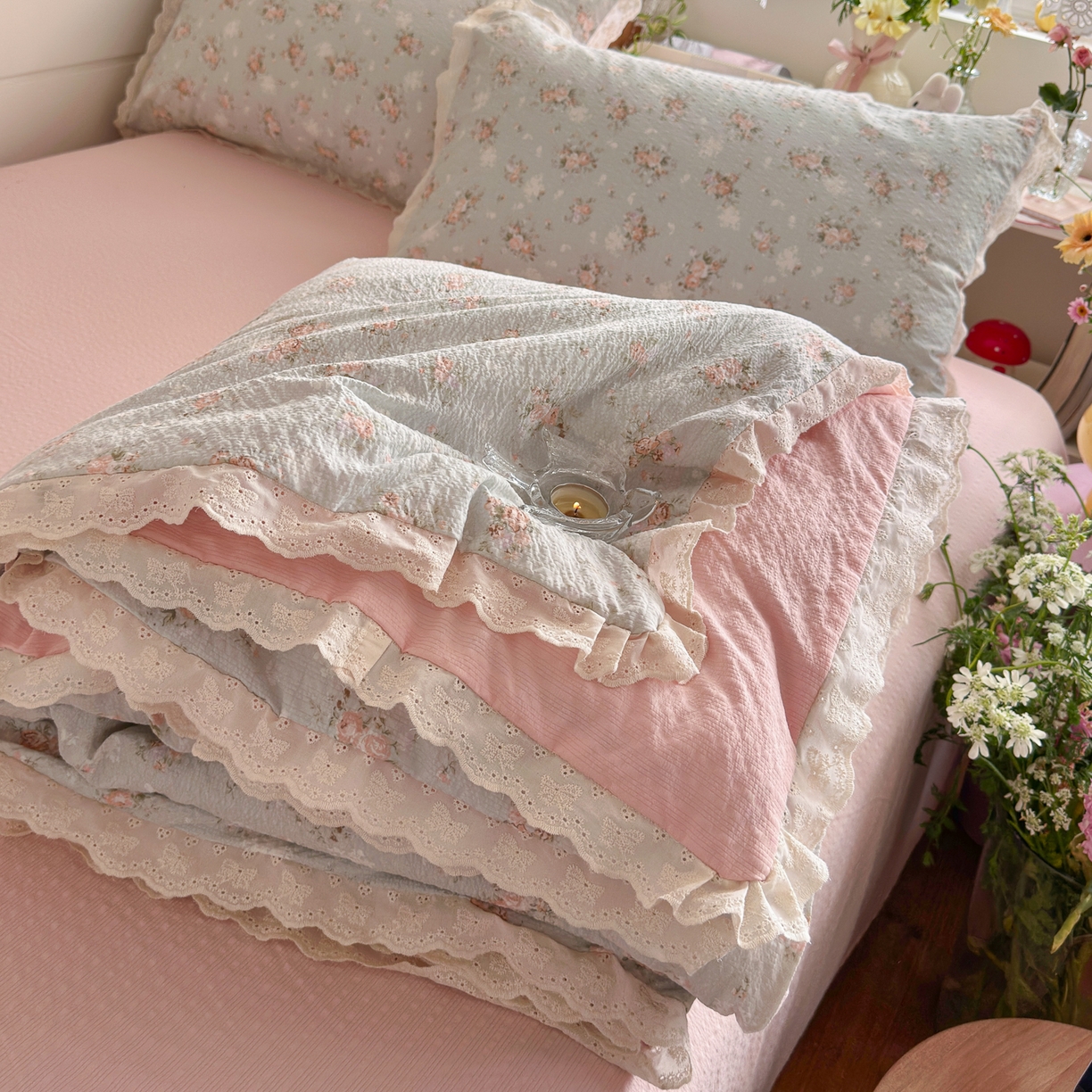 初念 2026新款泡芙纱全花边夏被四件套 花笺-柔诗意
